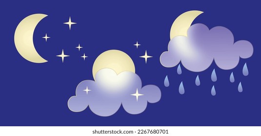 Set of weather icons. Glassmorphism style symbols for meteo forecast app. Elements Isolated on white background. Night summer spring autumn season sings. Moon, rain and clouds. Vector illustrations.