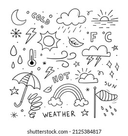 Set weather icons  Hand drawn doodle illustration  Contains sign the sun  clouds  snowflakes  wind  rain  moon  lightning   more isolated white background 