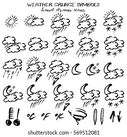 Set of weather icons in hand drawn technique and grunge style isolated on white. Vector illustration