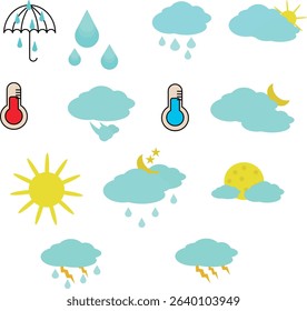 Set of weather icons. Hot, cold weather, rain, thunderstorm, wind