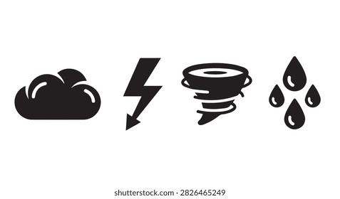 A set of weather icons illustrating cloud, lightning, tornado, and rain symbols for weather forecasting and meteorological purposes.