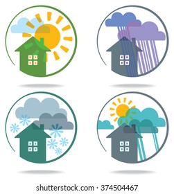 Set of weather icons. Illustration of the house and weather phenomena. 