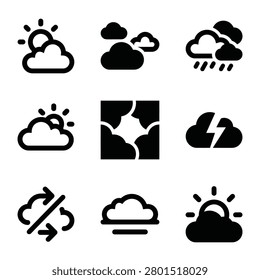 Set of weather icons including sun, clouds, rain, lightning, and atmospheric conditions, vector illustration
