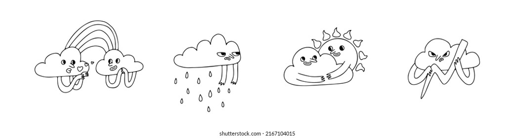 Set of weather icons isolated on white background. Cartoon emotional illustrations of rainbow, stars, thunder, sun, rain, clouds. Vector illustration EPS10