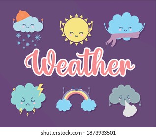 set of weather icons with weather lettering vector illustration design