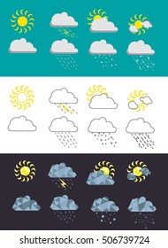 Set of weather icons in line, flat and low-poly style.