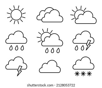 Set of weather icons. Line style. Sun, clouds, rain, snow, thunderstorm. Isolated vector illustration.