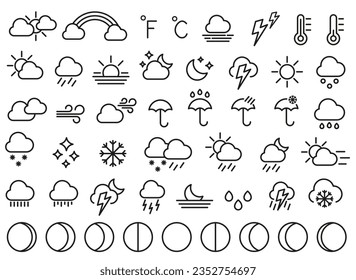Set von Wettersymbolen im linearen Stil. Wettervorhersage. Wetter. Vektorgrafik. EPS10.