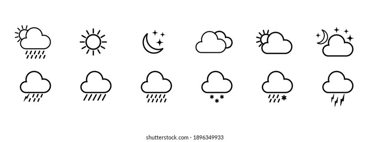 Set Of Weather Icons. Weather Logo, Line Icon. Raining, Sunny, Snowing, Cloudy On Isolated White Background. EPS 10 Vector