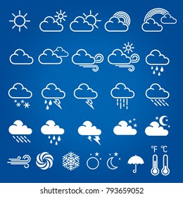 Set of weather icons. Modern weather icons, symbols on blue background. Vector illustration