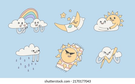 Set of weather icons on blue background. Outline hand drawn doodle character collection. Cartoon emotional illustrations of rainbow, stars, thunder, moon, sun, rain, clouds. Vector illustration EPS10