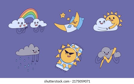 Set of weather icons on blue background. Outline hand drawn doodle character collection. Cartoon emotional illustrations of rainbow, stars, thunder, moon, sun, rain, clouds. Vector illustration EPS10