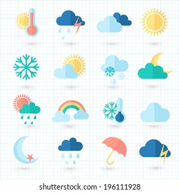 Set of weather icons on blueprint. Flat style
