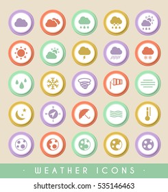 Set of Weather Icons on Circular Colored Buttons. Vector Isolated Elements.
