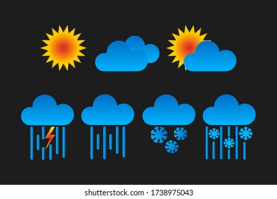 Set of weather icons on a dark background. Sunny, overcast, rain, thunderstorm, snow.