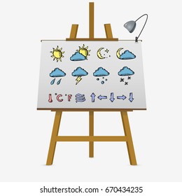 Set of weather icons on easel. Hand drawn vector stock illustration