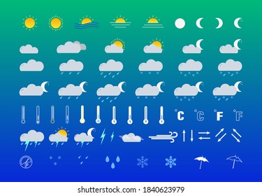 A set of weather icons on a gradient background. The background is located on the lower layer. The set includes symbols such as sun, cloudy, thunderstorm, temperature and more.