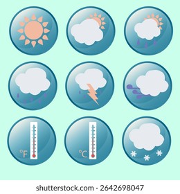 Set of weather icons on light green background
