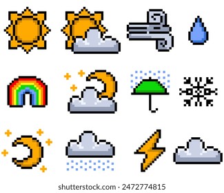 A set of weather icons in pixel art. Clouds, sun, overcast, lightning. vector illustration