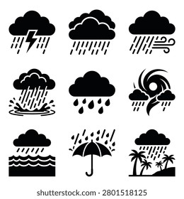 Set of weather icons with rain, storm, hurricane, and umbrella