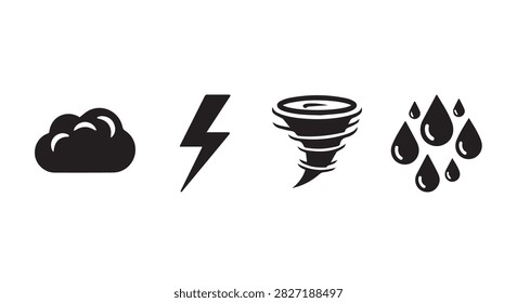 A set of weather icons representing cloud, lightning, tornado, and rain, used for weather forecasts, reports, and meteorological applications.
