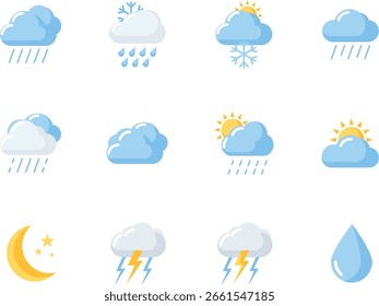 Um conjunto de ícones meteorológicos que representam várias condições, incluindo sol, nuvens, chuva, neve, raios e uma lua crescente com estrelas, perfeito para aplicativos ou previsões meteorológicas.