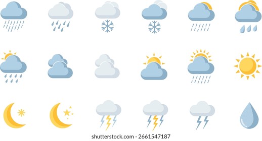 A set of weather icons representing various conditions, including sun, clouds, rain, snow, lightning, and a crescent moon with stars, perfect for weather apps or forecasts.