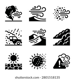 Set of weather icons representing various natural phenomena such as dust storms, sandstorms, drought, and air quality warnings