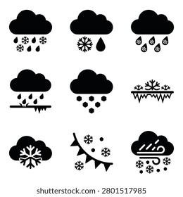 Set of weather icons representing winter conditions, including snow, sleet, freezing rain, and blizzard