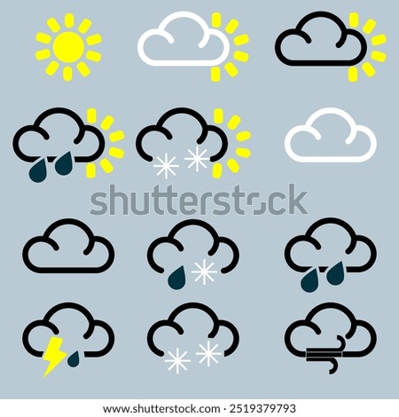 Set of Weather icons showing rain, sun, cloud, Sleet and Lightening etc for weather forecast