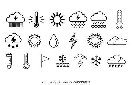 Set of Weather Icons Sun, Cloud, Rain, Storm, Wind, and Temperature in Line And silhouette vector style with white background