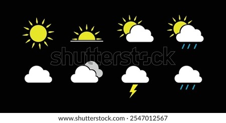 set of weather icons, sun, cloud, rain, lighting,
meteorology vector
