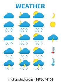 Set of weather icons. Sun, clouds, rain drops, snowflakes. Perfect for sticker or web design. Isolated on white background.10 EPS.