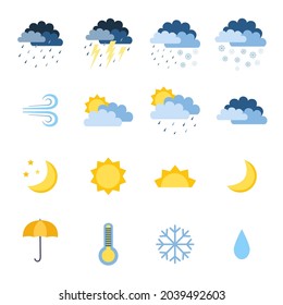 A set of weather icons. Sun, clouds and rain, wind, snow, sleet and rain. Sun, moon and stars. Icons for website, weather app, meteorology, weather forecasts. Vector flat illustration, cartoon style.