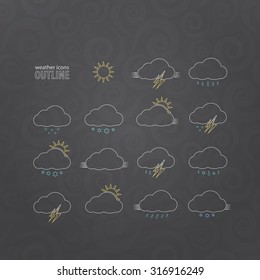 set of weather icons with sun, clouds, rain, snow and lightning symbols over gray background. web vector design