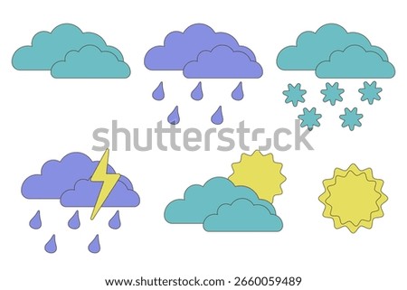 Set, set of weather icons with sun, clouds, rain, clouds, snow, lightning, weather forecast, icons, white background