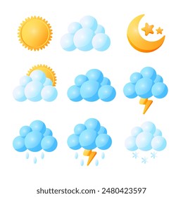 Set of weather icons, sunny, cloudy, clear at night, partly cloudy, rain, thunderstorm, snow in cute cartoon style.