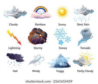 Set of weather icons. Thunderstorm, rain, sunny day, fog, winter snow, night, rainbow. Vector art illustration