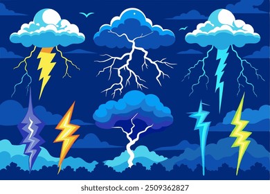 set of weather icons thunderstorm  white background 