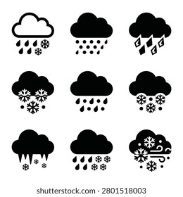 Set of weather icons with various types of precipitation including rain, snow, sleet, hail, and blizzard conditions