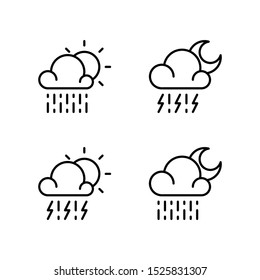 set of weather icons. Vector illustration of the weather. symbol of some line weather conditions when it rains that is isolated white background, storm, thunder, rain, cloud, rainy, night, morning