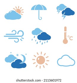 Conjunto de ilustraciones vectoriales de iconos meteorológicos. Nieve, lluvia, viento, termómetro, nubes. Previsión meteorológica