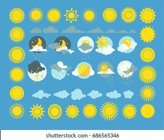 Set of weather icons vector. Sun, cloud, rain, moon