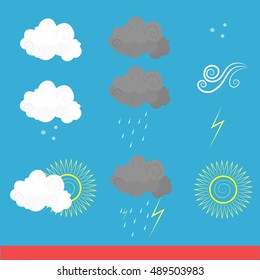 Set of weather icons. White clouds icon, storm clouds, rain, wind icon, sunny weather, lightning, snow, cloudy weather. Vector illustration isolated on blue background.