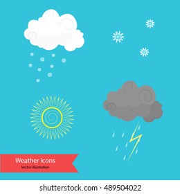 Set of weather icons. White clouds icon, storm clouds, rain, sunny weather, lightning, snow. Vector illustration isolated on blue background.