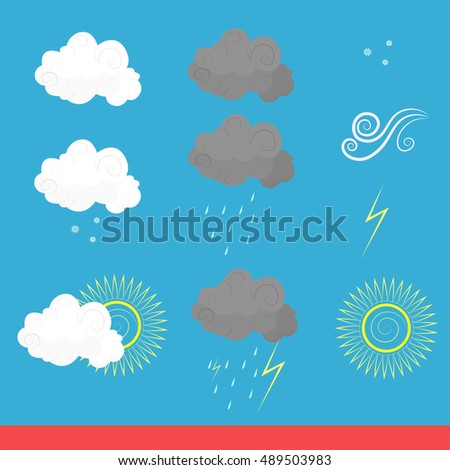 Set of weather icons. White clouds icon, storm clouds, rain, wind icon, sunny weather, lightning, snow, cloudy weather. Vector illustration isolated on blue background.