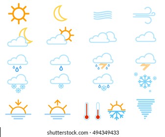 Set of weather icons windy cloud meteorology. Vector symbol snowflake snow storm weather icons thermometer element. Cloudy cold moon and rainy climate weather icons sunny forecast temperature.