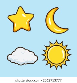 set of weather illustration cartoon design vector, star, cloud, moon and sun