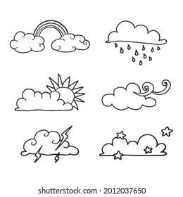 Set Of Weather Illustration Isolated In White Background. Rainbow, Rainy, Sunny, Cloudy, Lighting And Night Day. Hand Drawn Vector. Doodle Art For Logo, Label, Sticker, Clipart, Poster, Cover, Video.