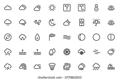 set of weather line icons, cloud, temperature, season, rainy, sunny